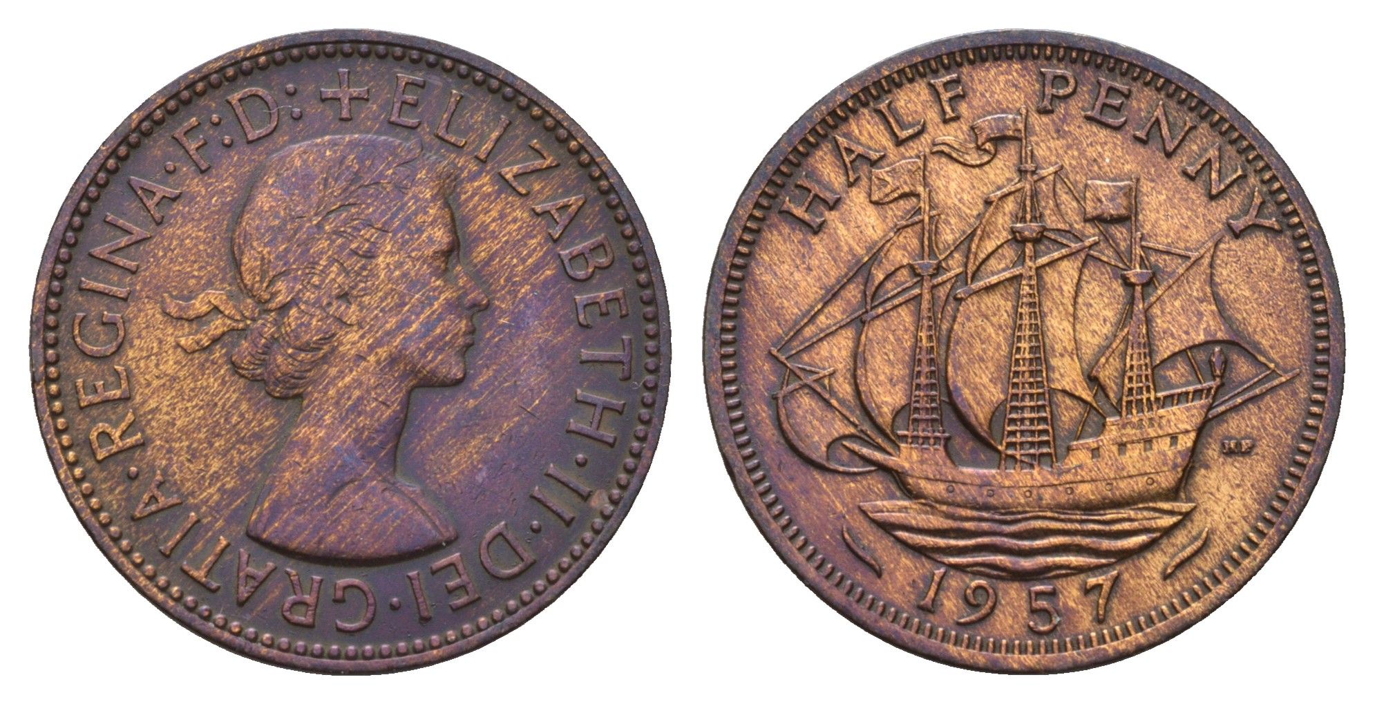Великобритания 1/2 пенни 1957 Елизавета II (1952-2022) KM 896, Spink 4158 бронза 94-545