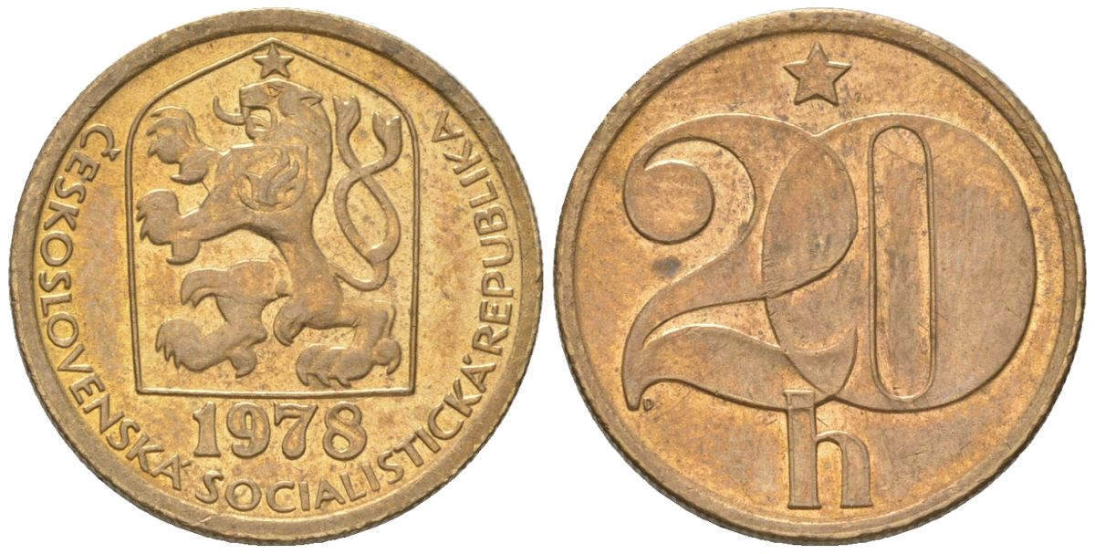 Чехословакия 20 геллеров 1978 KM 74 латунь aUNC 4115-939