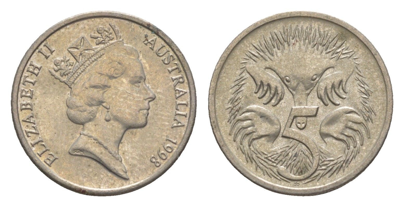Австралия 5 центов 1998 Елизавета II (1952-2022), ехидна KM 80 медно-никель 4154-168
