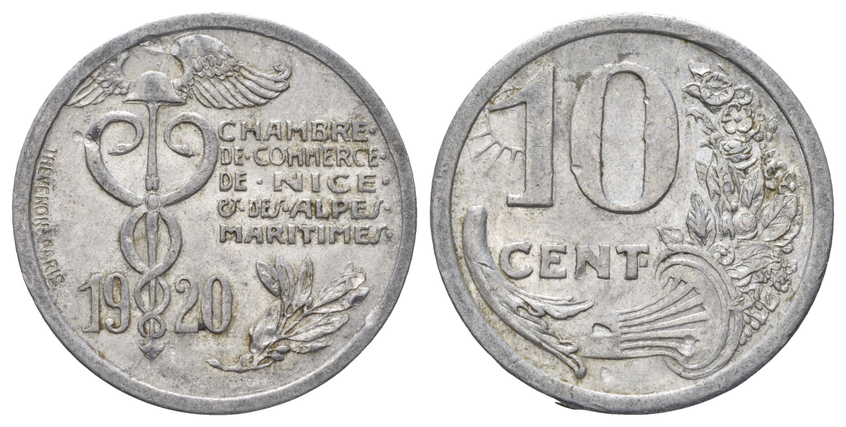 Франция, Ницца 10 сантимов 1920 диаметр 25 мм, вес 1,5 гр Elie mon 10.2 алюминий 4126-1051
