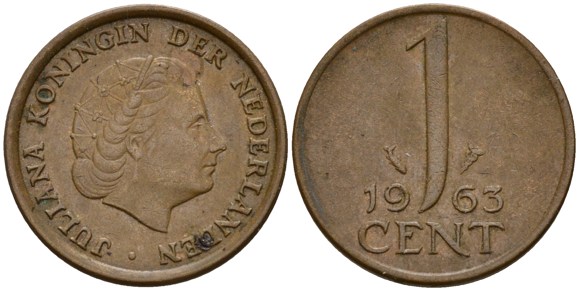 Нидерланды 1 цент 1963 Юлиана (1949-1980) KM 180 бронза    4598-229