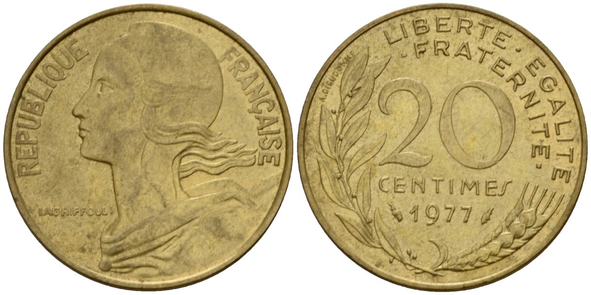 Франция 20 сантимов 1977 тип Marianne KM 930 алюминиевая бронза 4393-342