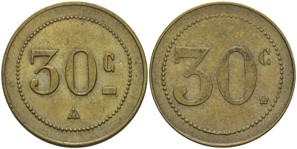 ФРАНЦИЯ 30 САНТИМОВ ND ПЛАТЕЖНЫЙ ЖЕТОН НАЧАЛА XX ВЕКА, ЦИФРЫ НОМИНАЛА 9,5 ММ., ДИАМЕТР 24 ММ. латунь 65-343