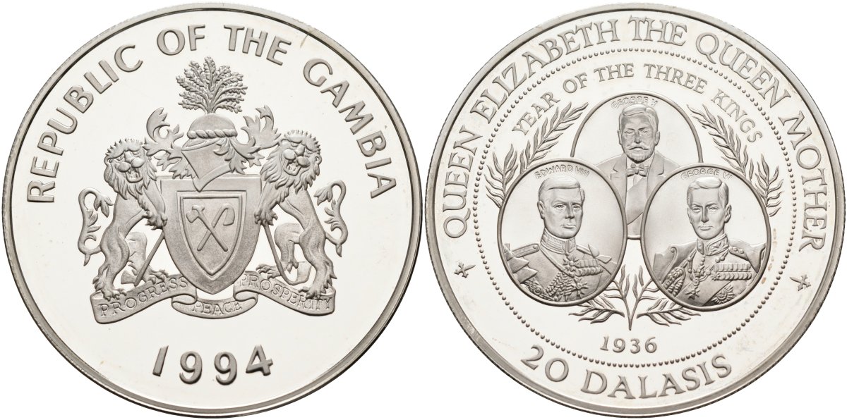Гамбия 20 даласи 1994 серия королева Елизавета-королева мать, 1936 год трёх королей, тираж 30000 экз. KM 40 серебро PROOF 1098-1-63