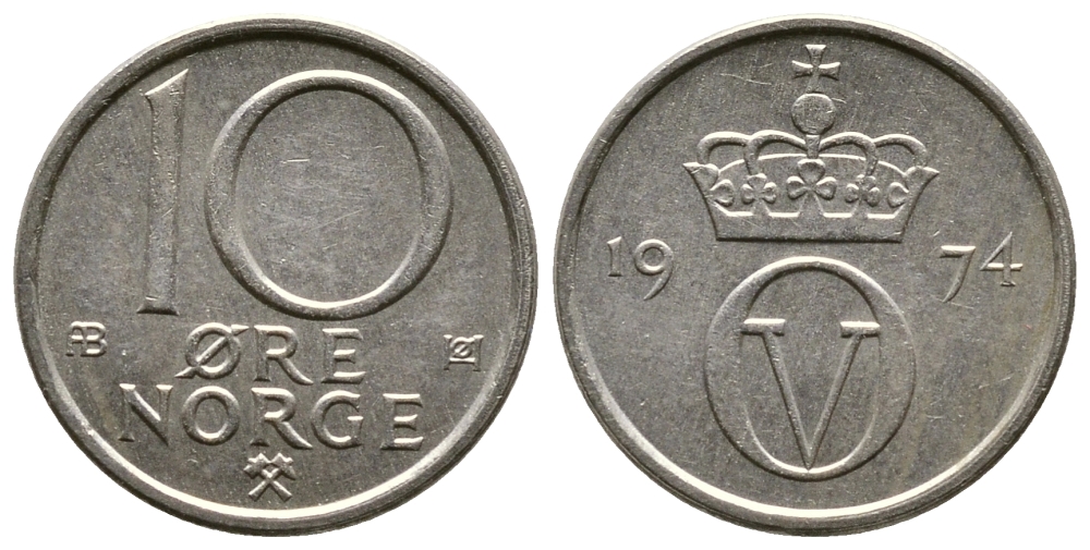 Норвегия 10 эре 1974 Улаф V (1958-1991) KM 416 медно-никель 220-466
