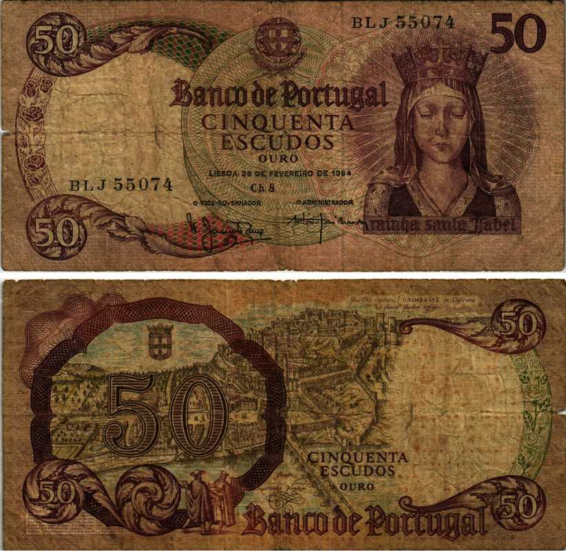 ПОРТУГАЛИЯ 50 ЭСКУДО 1964 28 ФЕВРАЛЯ 1964, КОРОЛЕВА ИЗАБЕЛЛА, КОИМБРА СТАРЫЙ ГОРОД Pick 168 бумага 7222-69-3