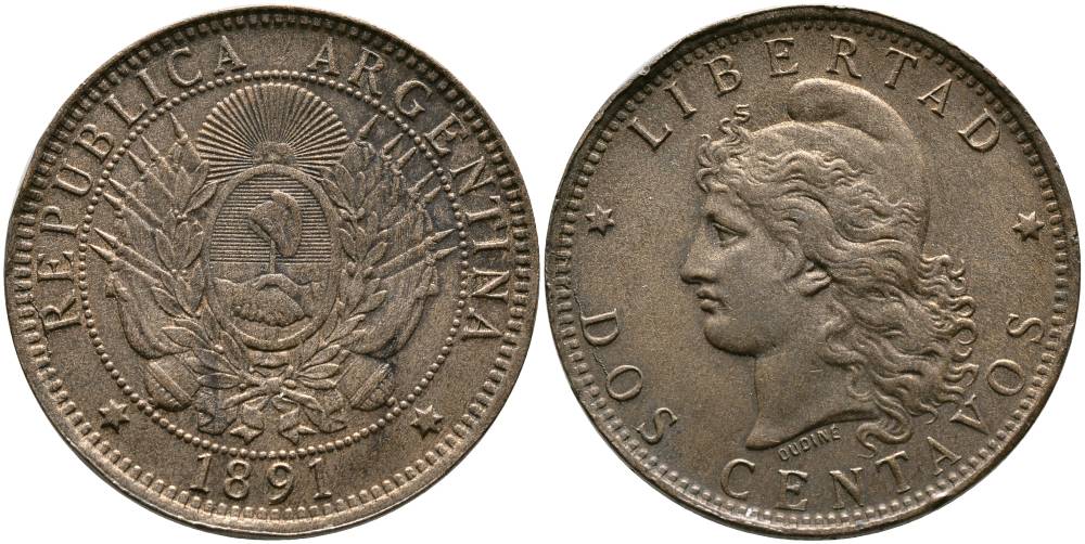 Аргентина 2 сентаво 1891 голова свободы влево KM 8 бронза 4531-1041