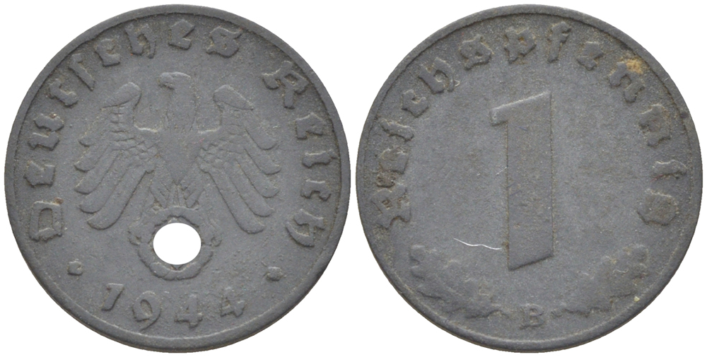 Германия 1 рейхспфенниг 1944 В KM 97, J. 369 цинк 4181-521