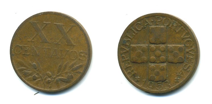 ПОРТУГАЛИЯ 20 СЕНТАВО 1953 KM 584 бронза 45-1251