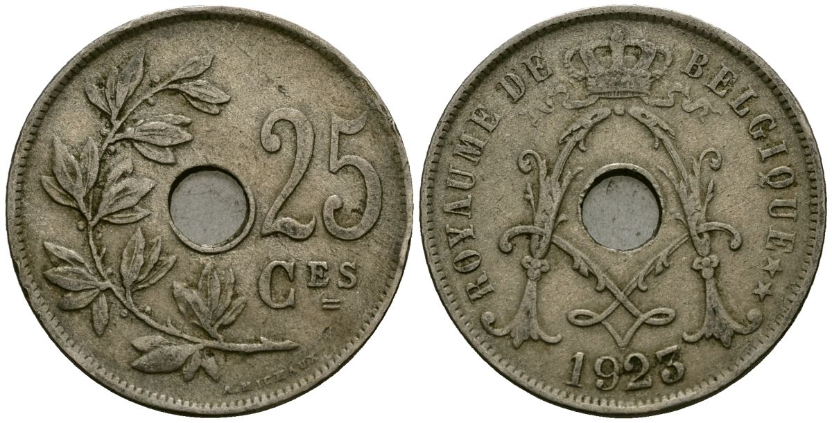 Бельгия 25 сантимов 1923 Belgique KM 68 медно-никель 4165-513