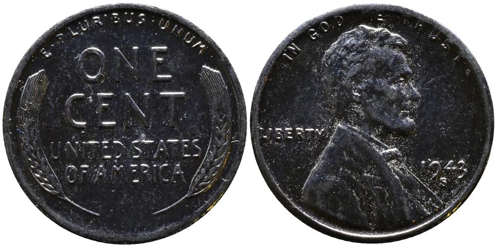 США 1 цент 1943 S (Сан-Франциско), Авраам Линкольн KM 132 a сталь плакированная цинком 4392-1119