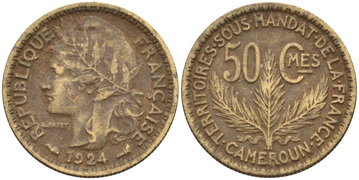 Французский Камерун 50 сантимов 1924 (а), монетный двор Париж KM 1 алюминиевая бронза 4164-1167