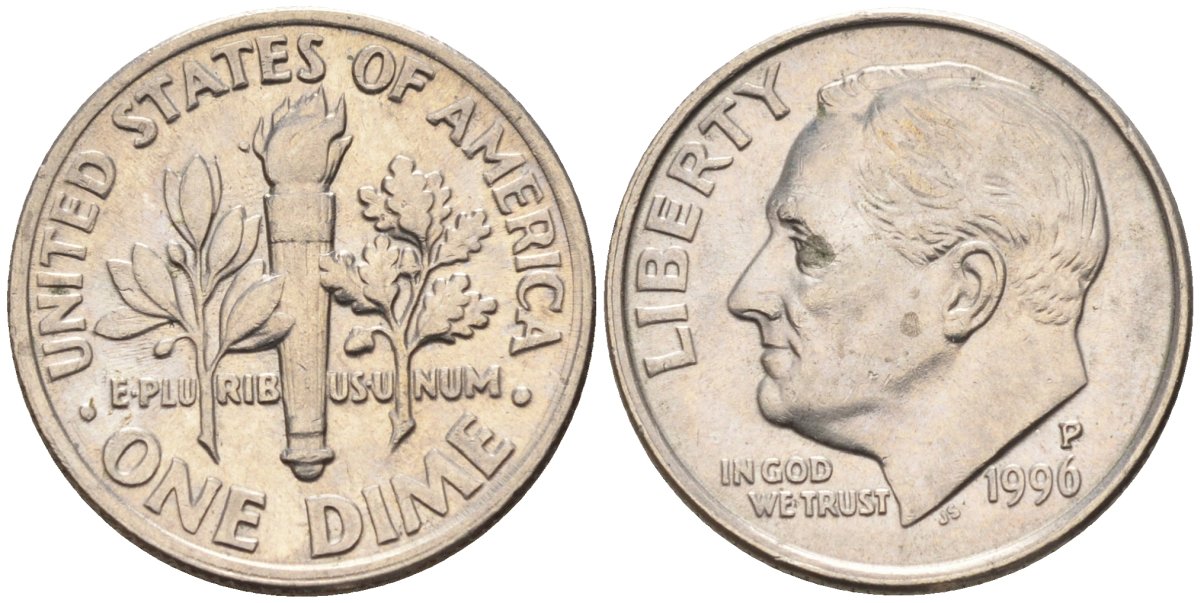 США 10 центов = дайм 1996 P, Рузвельт KM 195а медь плакированная медно-никелем 4115-756