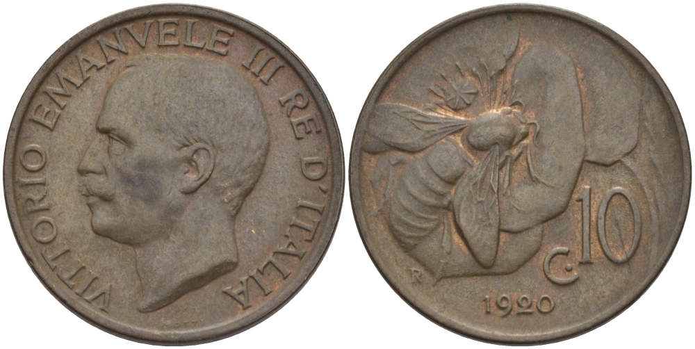 ИТАЛИЯ 10 ЧЕНТЕЗИМО 1920 R, МОНДВОР РИМ, ВИКТОР ЭММАНУИЛ III (1900-1946) KM 60 медь 28-112