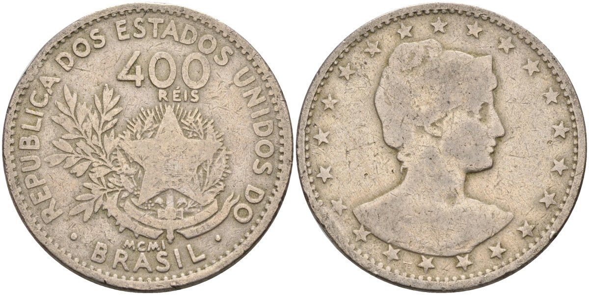 Бразилия 400 рейс 1901 голова свободы вправо KM 505 медно-никель 4367-212