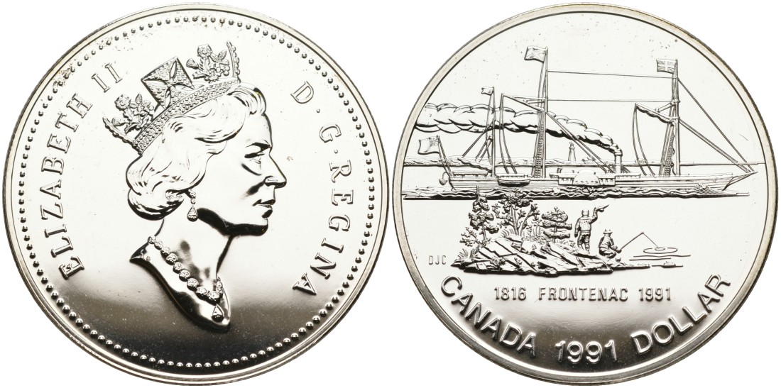 Канада 1 доллар 1991 175 лет первому пароходу "Фронтенак" KM 179 серебро BU 1095-4-52