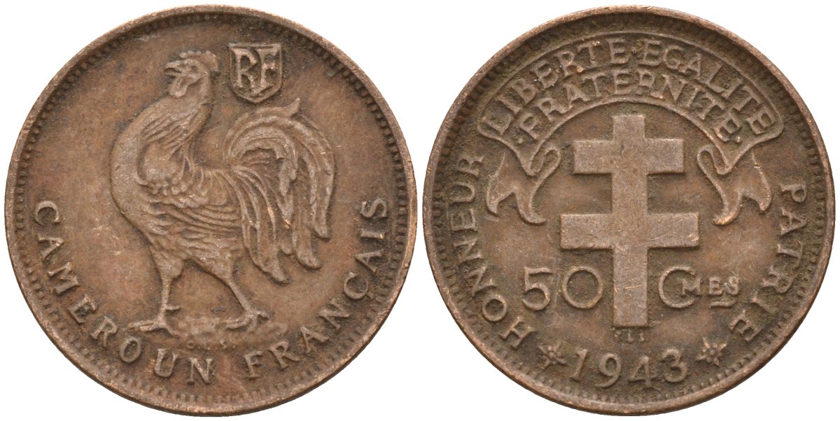 Французский Камерун 50 сантимов 1943 SA, петух, монетный двор Претория KM 4 бронза 4172-423