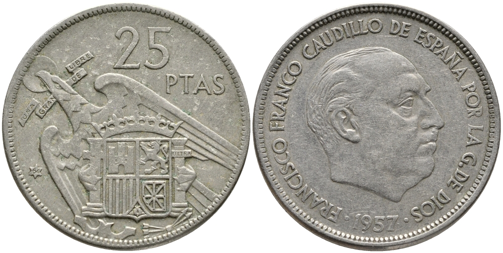 ИСПАНИЯ 25 ПЕСЕТ 1957 (64) ФРАНСИСКО ФРАНКО ДИКТАТОР ИСПАНИИ (1939-1975) KM 787 медно-никель 4382-1245