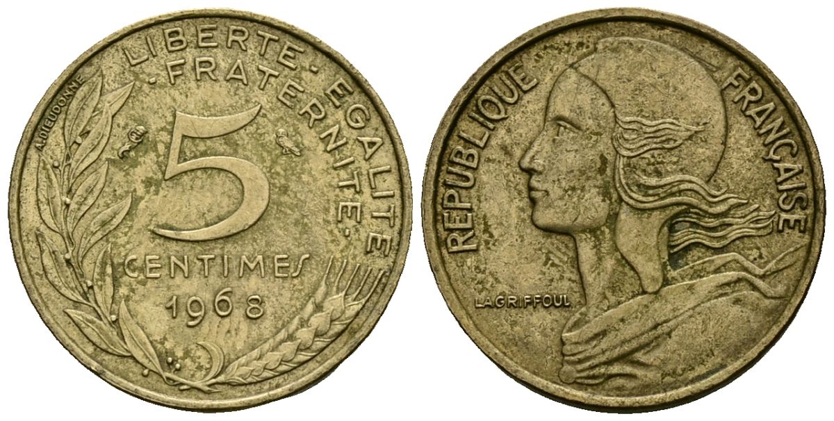 Франция 5 сантимов 1968 тип Marianne KM 933 алюминиевая бронза 4136-437
