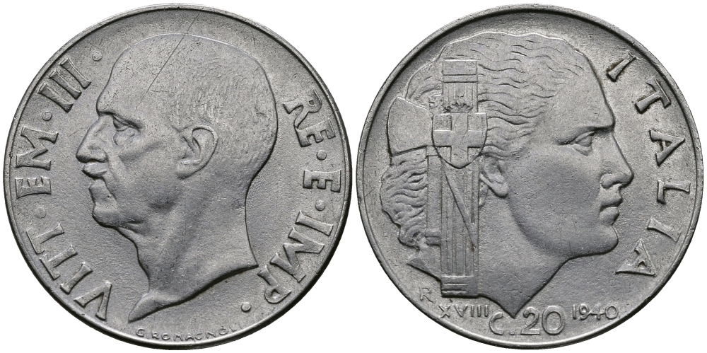 ИТАЛИЯ 20 ЧЕНТЕЗИМО 1940 R, ВИКТОР ИМАНУИЛ, XVIII ГОД KM 75b нержавеющая сталь 98-132
