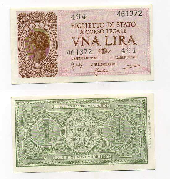 Италия 1 лира 1944 23 ноября 1944, подпись BoLaffi, CavalLaro, Giovinco Pick 29b, Grapanzano BS 8 бумага aUNC 000-00-00