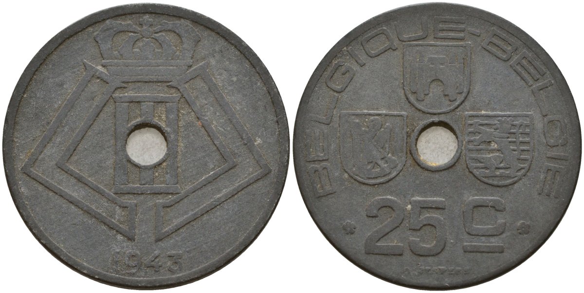 Бельгия 25 сантимов 1943 Belgique - Belgie, Леопольд III (1934-1947), германская оккупация, Вторая мировая война KM 131 цинк 4157-446
