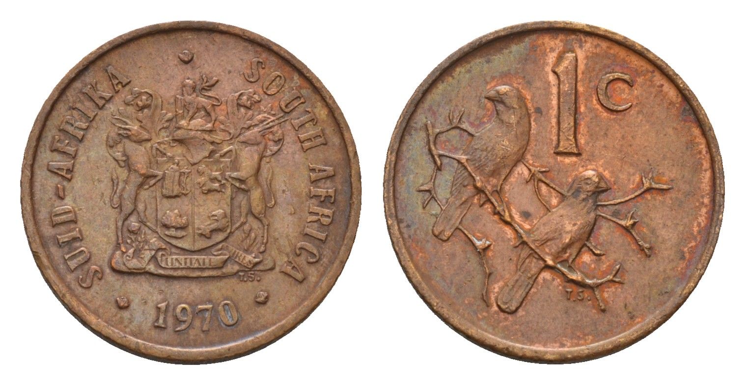 ЮАР 1 цент 1970 герб, капские воробьи, первый год KM 82 бронза 4643-155