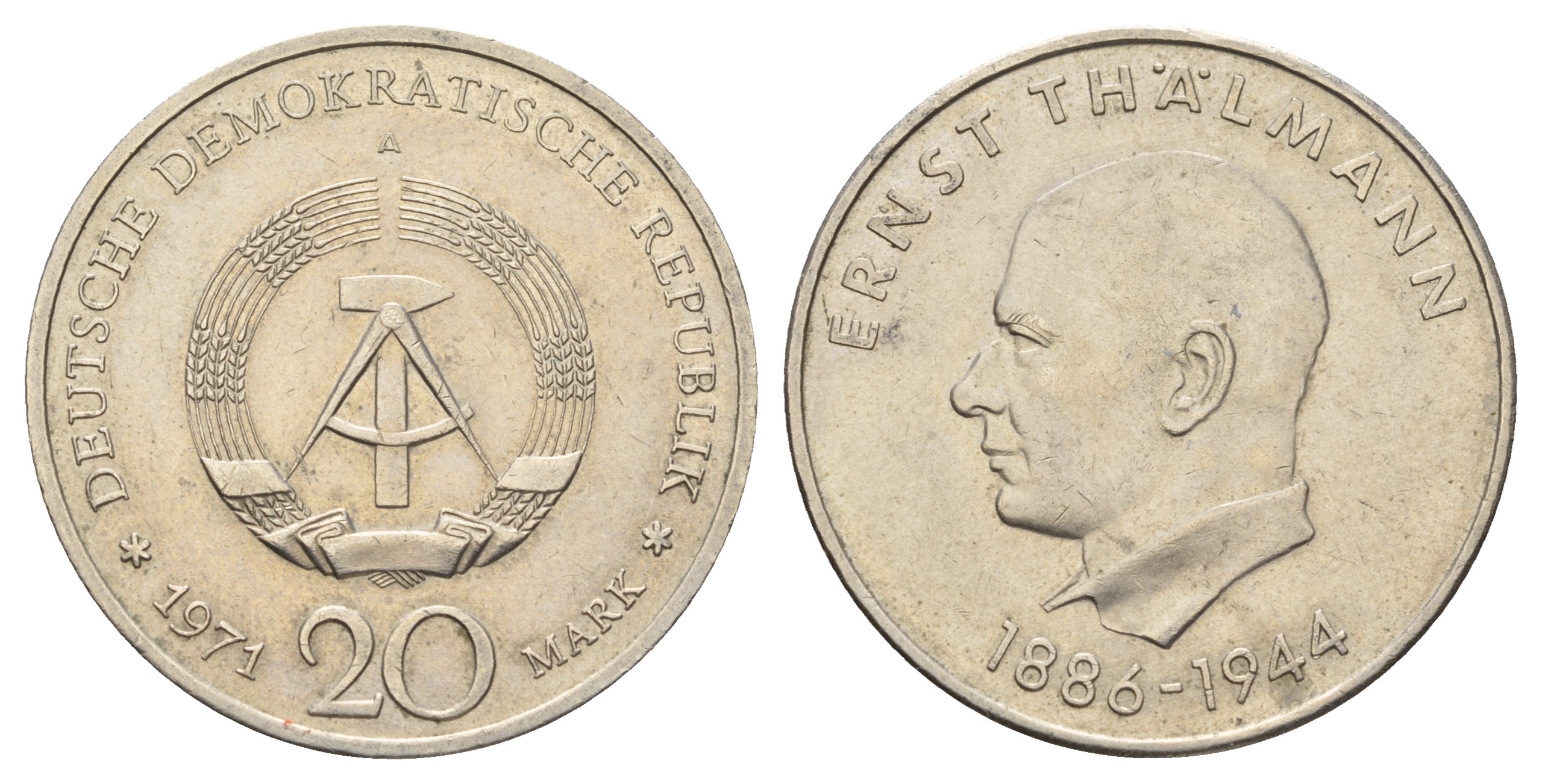 ГДР 20 марок 1971 A, 85 лет со дня рождения Эрнста Тельмана KM 34, J. 1535 медно-никель 4680-742