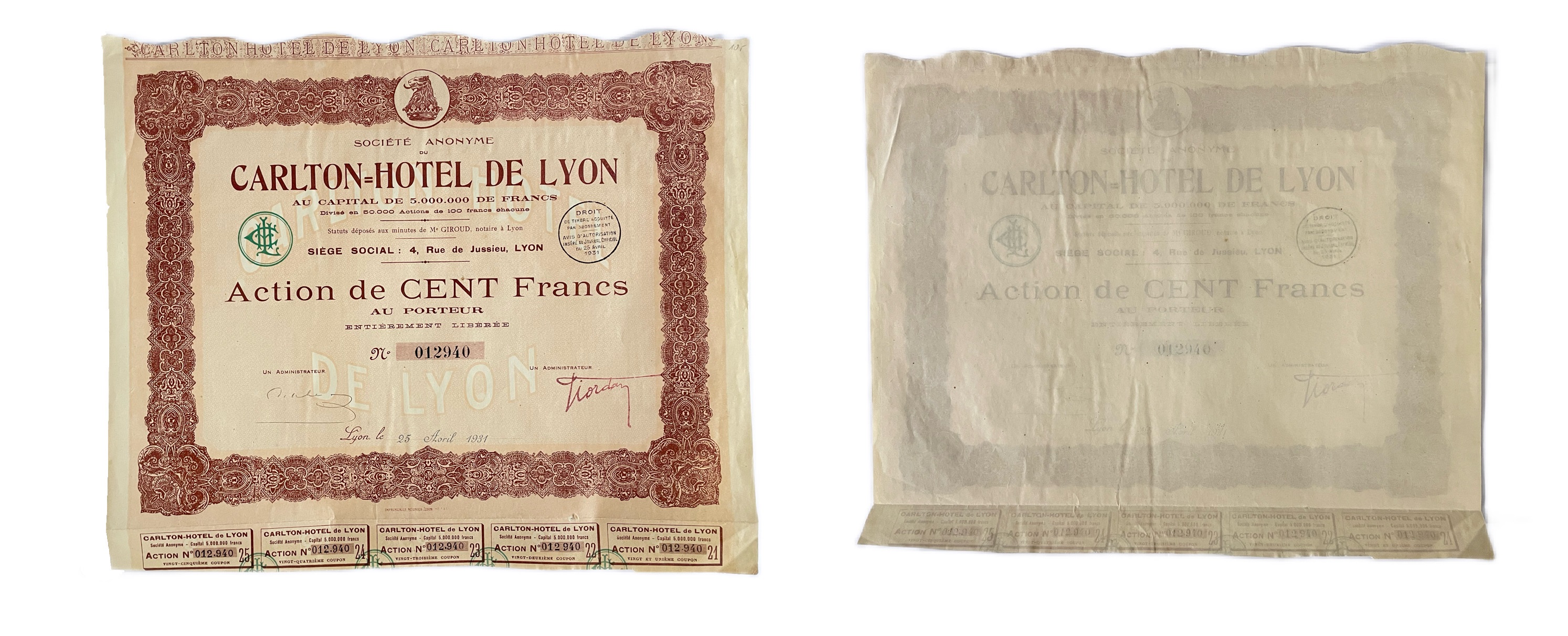 Франция, отель Carlton в Лионе акция в 100 франков 1931 5 купонов бумага 48-61-1-2
