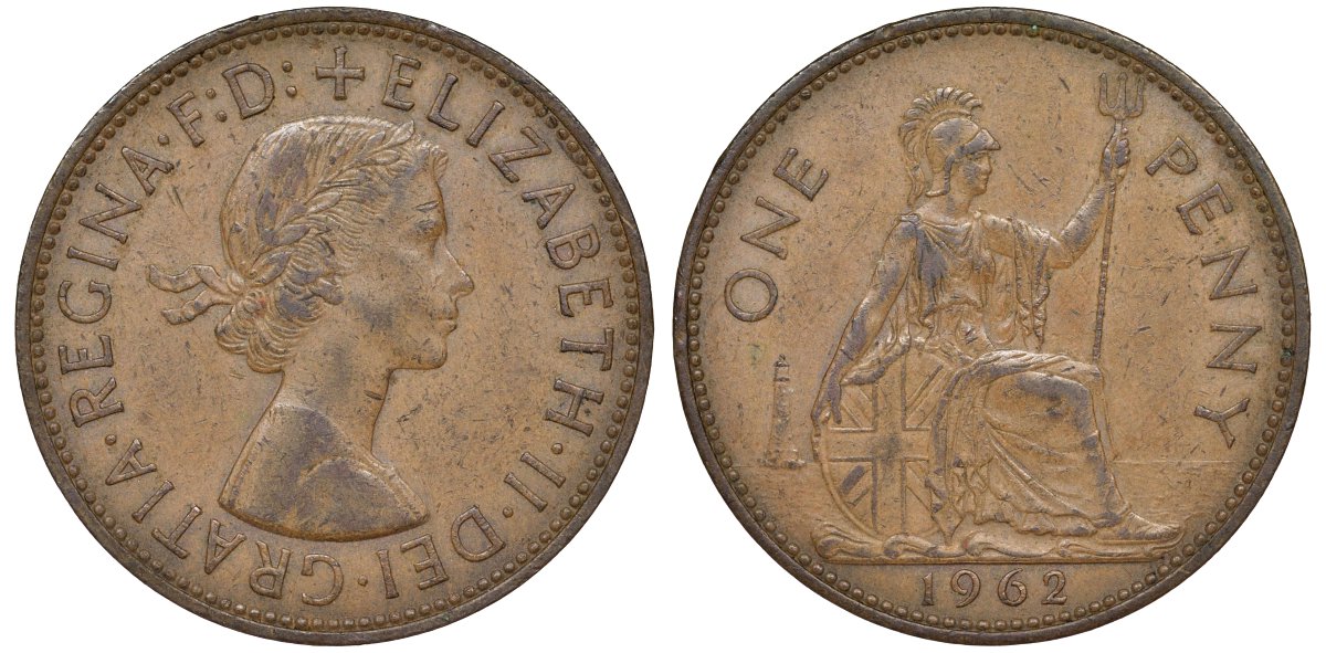 Великобритания 1 пенни 1962 Елизавета II (1952-2022) KM 897, Spink 4157 бронза 51-2325