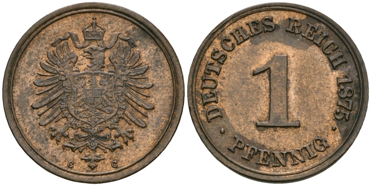 Германия 1 пфенниг 1875 C, Вильгельм I (1871-1888) KM 1, J. 1 медь 4608-546