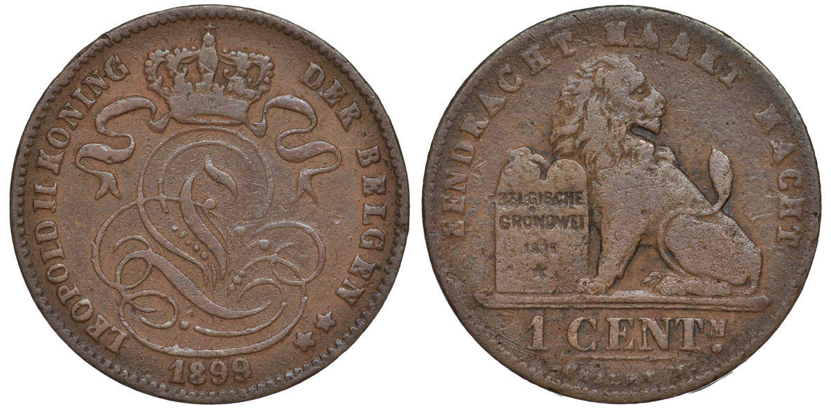 БЕЛЬГИЯ 1 САНТИМ 1899 KM 33.1 медь 3334-1213