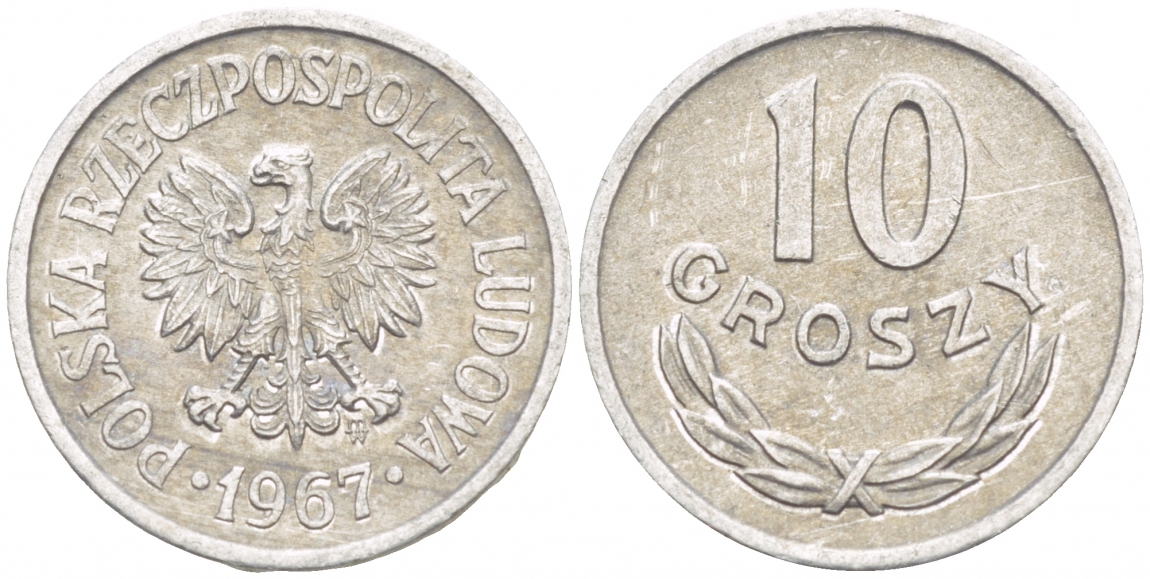 Польша 10 грошей 1967 MW KM AA47, Parchimowicz 206f алюминий 4549-261