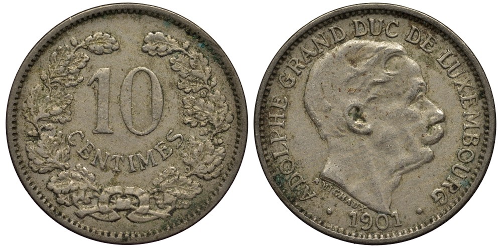 ЛЮКСЕМБУРГ 10 САНТИМОВ 1901 ВЕЛИКИЙ ГЕРЦОГ АДОЛЬФ (1890-1905) КМ 25 медно-никель 4538-717