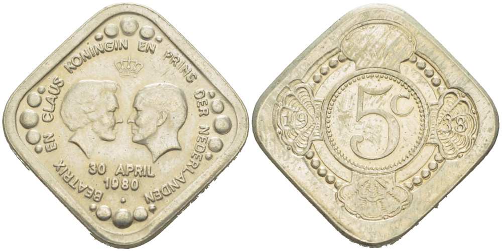НИДЕРЛАНДЫ ЖЕТОН 1980 КОРОНАЦИЯ КОРОЛЕВЫ БЕАТРИКС 30 АПРЕЛЯ 1980, БЕАТРИКС И ПРИНЦ КЛАУС медно-никель 217-347