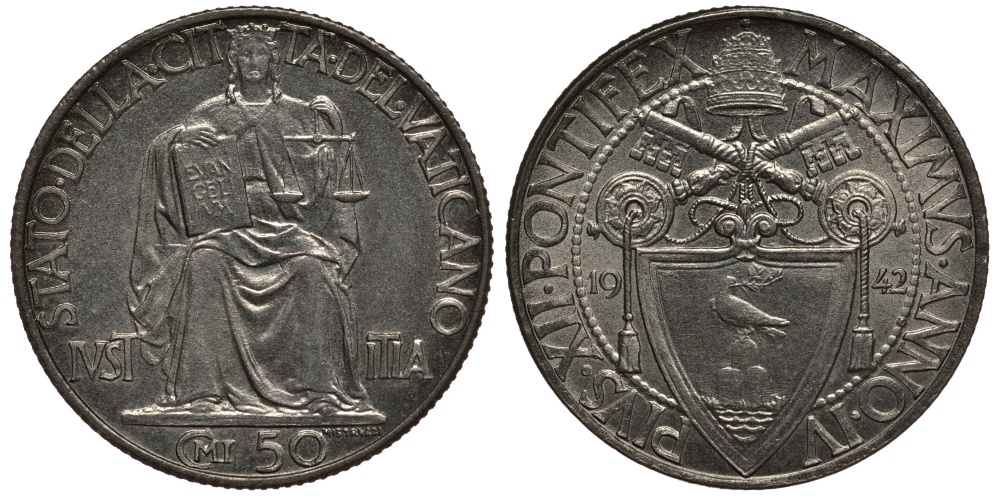 ВАТИКАН 50 ЧЕНТЕЗИМО 1942 ГОД IV, ПАПА ПИЙ XII (1939-1958), ЮСТИЦИЯ KM 34 нержавеющая сталь аUNC 3896-1625