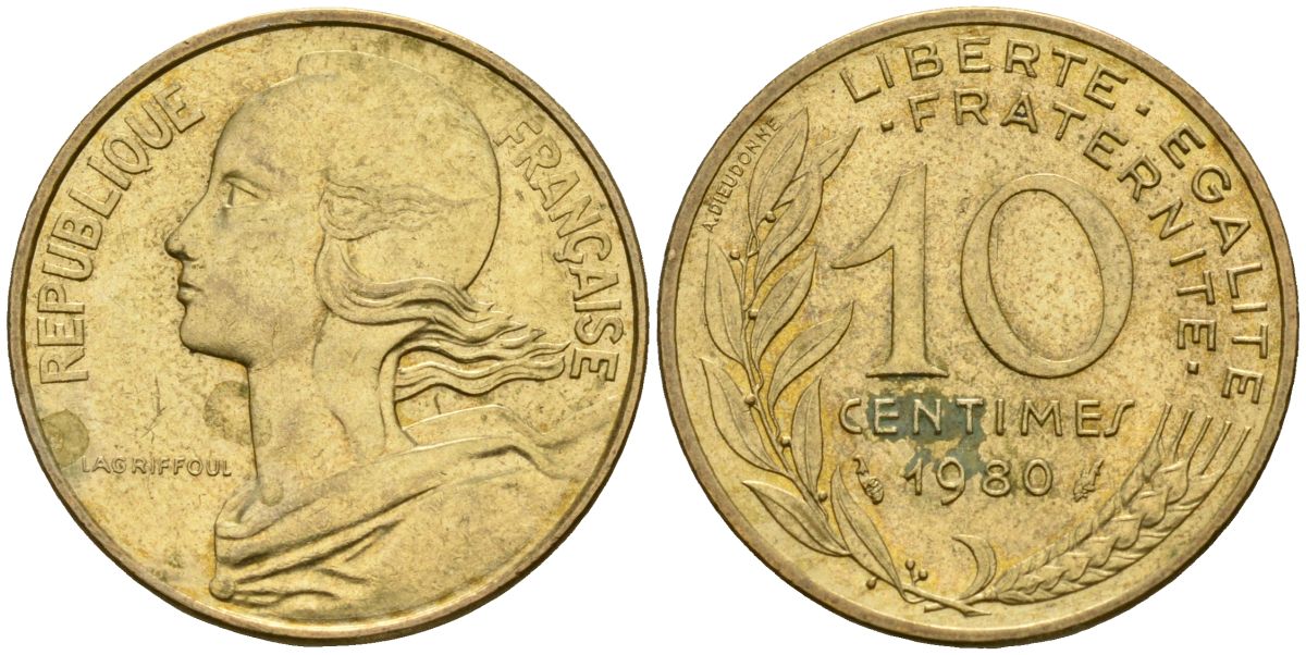 Франция 10 сантимов 1980 KM 929 алюминиевая бронза 4138-342
