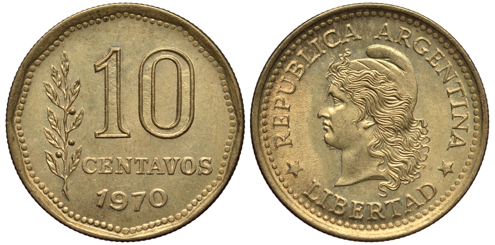 Аргентина 10 сентаво 1970 голова свободы влево KM 66 алюминиевая бронза XF-UNC 4181-219