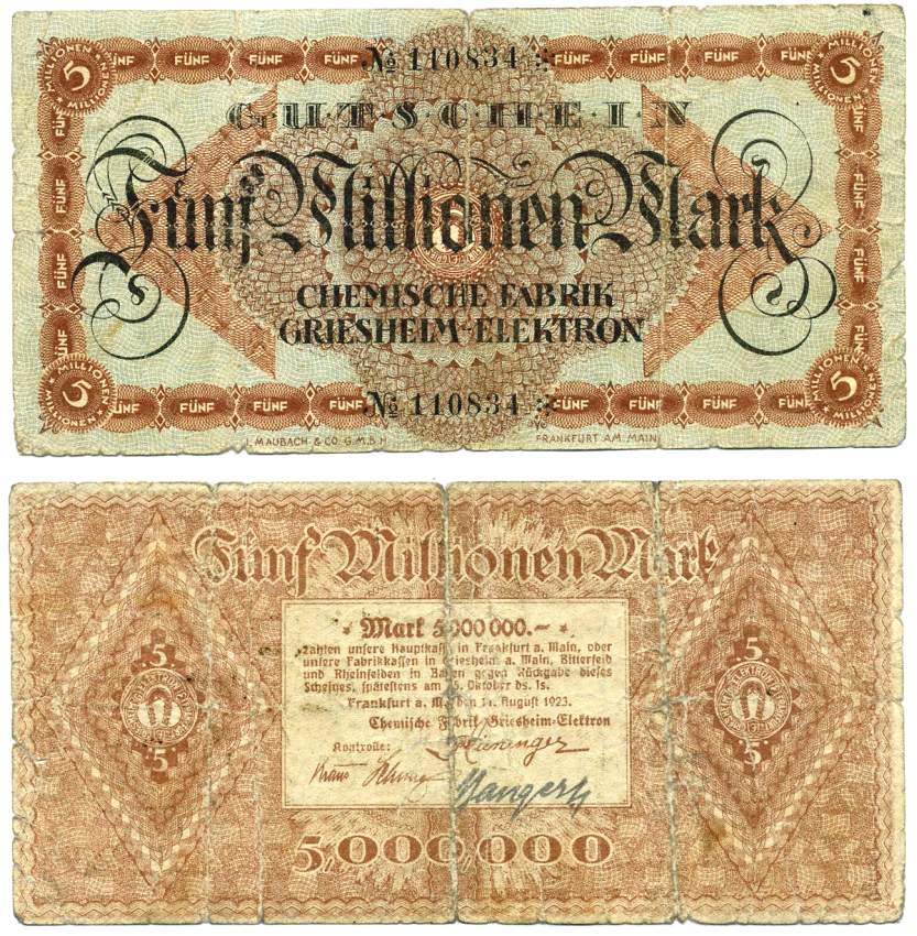 ФРАНКФУРТ НА МАЙНЕ 5000000 МАРОК (5 МИЛЛИОНОВ) 1923 11 АВГУСТА 1923, НОТГЕЛЬД бумага F 8612-58-1-2