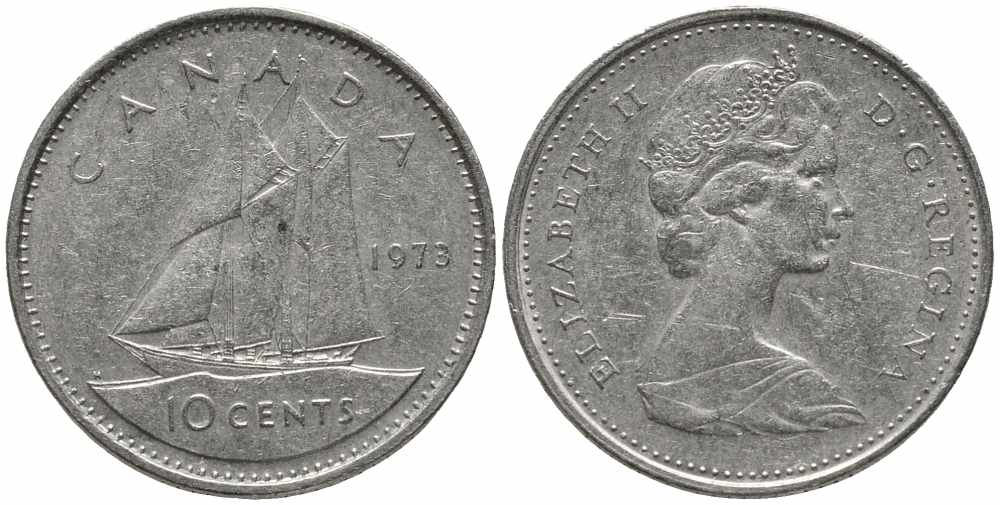 КАНАДА 10 ЦЕНТОВ 1973 ЕЛИЗАВЕТА II, ПАРУСНИК KM 77.1 никель 112-433