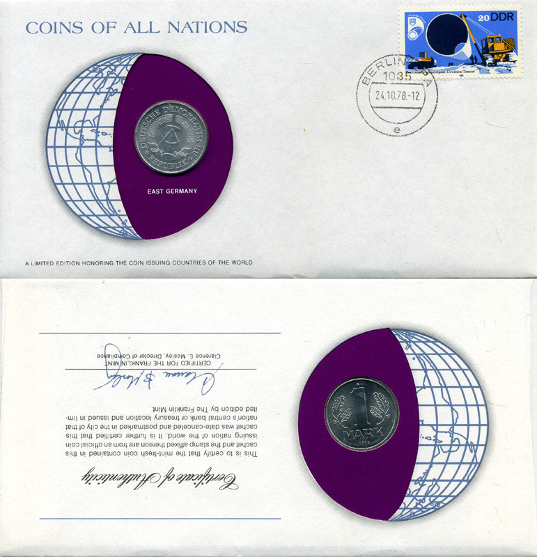 ГДР 1 МАРКА 1978 А, конверт с маркой первого дня гашения, Coins of Nations KM 35.2 алюминий UNC 4294-44-1