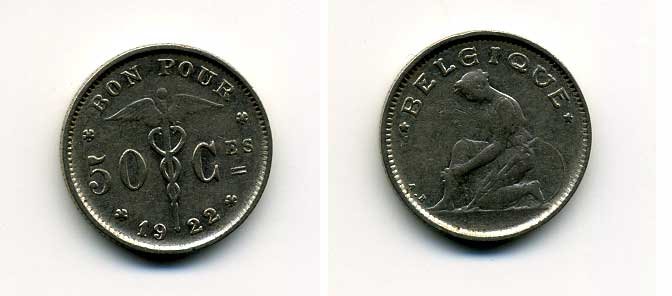 Бельгия 50 сантимов 1922 Belgique, Альберт I (1910-1934) KM 87 никель 37-236