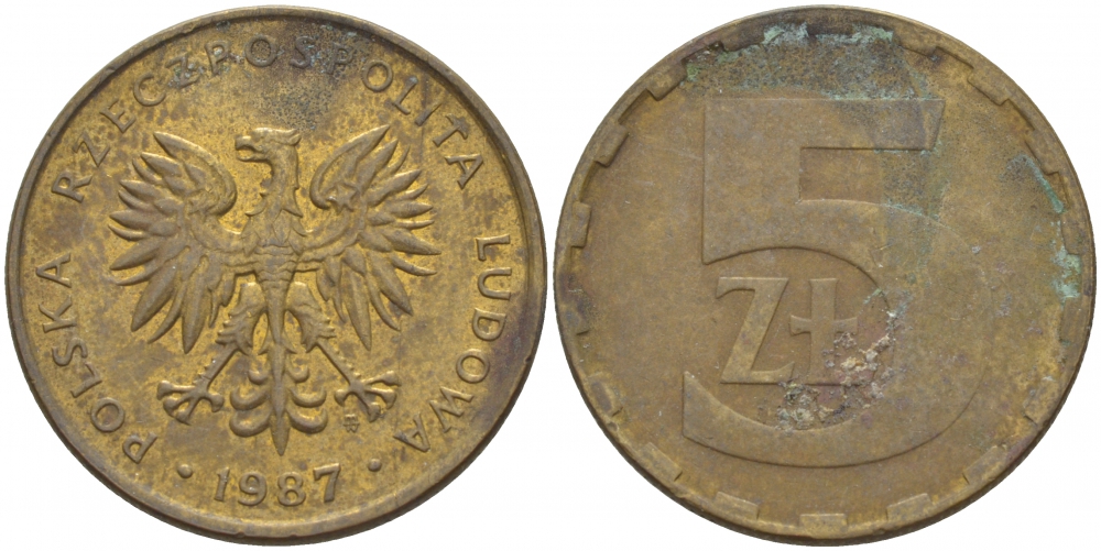 ПОЛЬША 5 ЗЛОТЫХ 1987 MW KM 81.2 латунь 4548-652