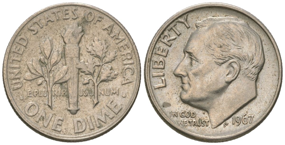США 10 центов (дайм) 1967 Рузвельт KM 195a медь плакированная медно-никелем 4615-966