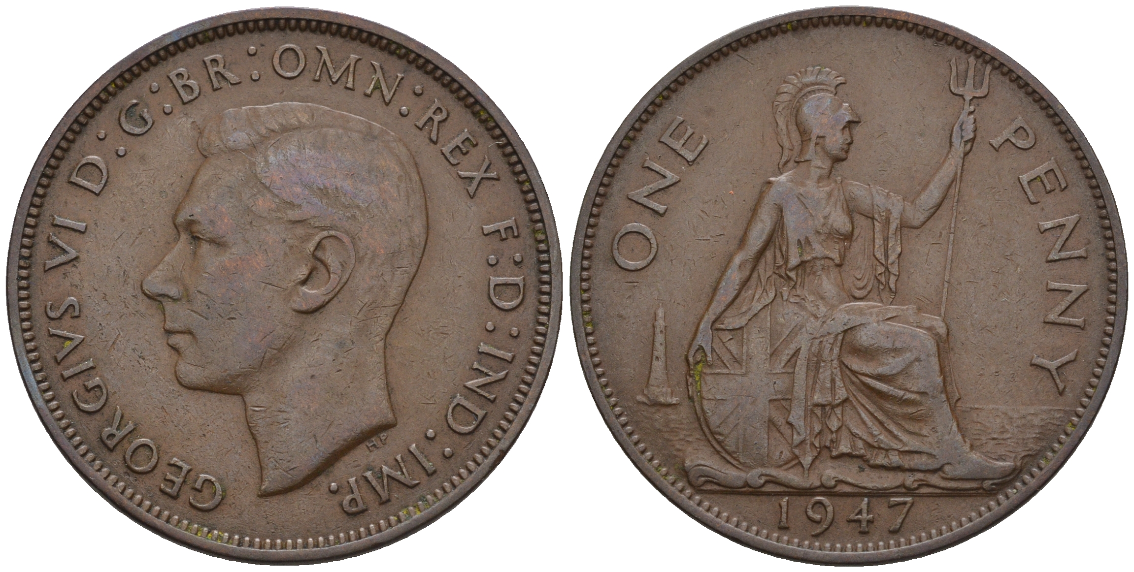 Великобритания 1 пенни 1947 Георг VI (1936-1952) KM 845, Spink 4114 бронза 4607-1132