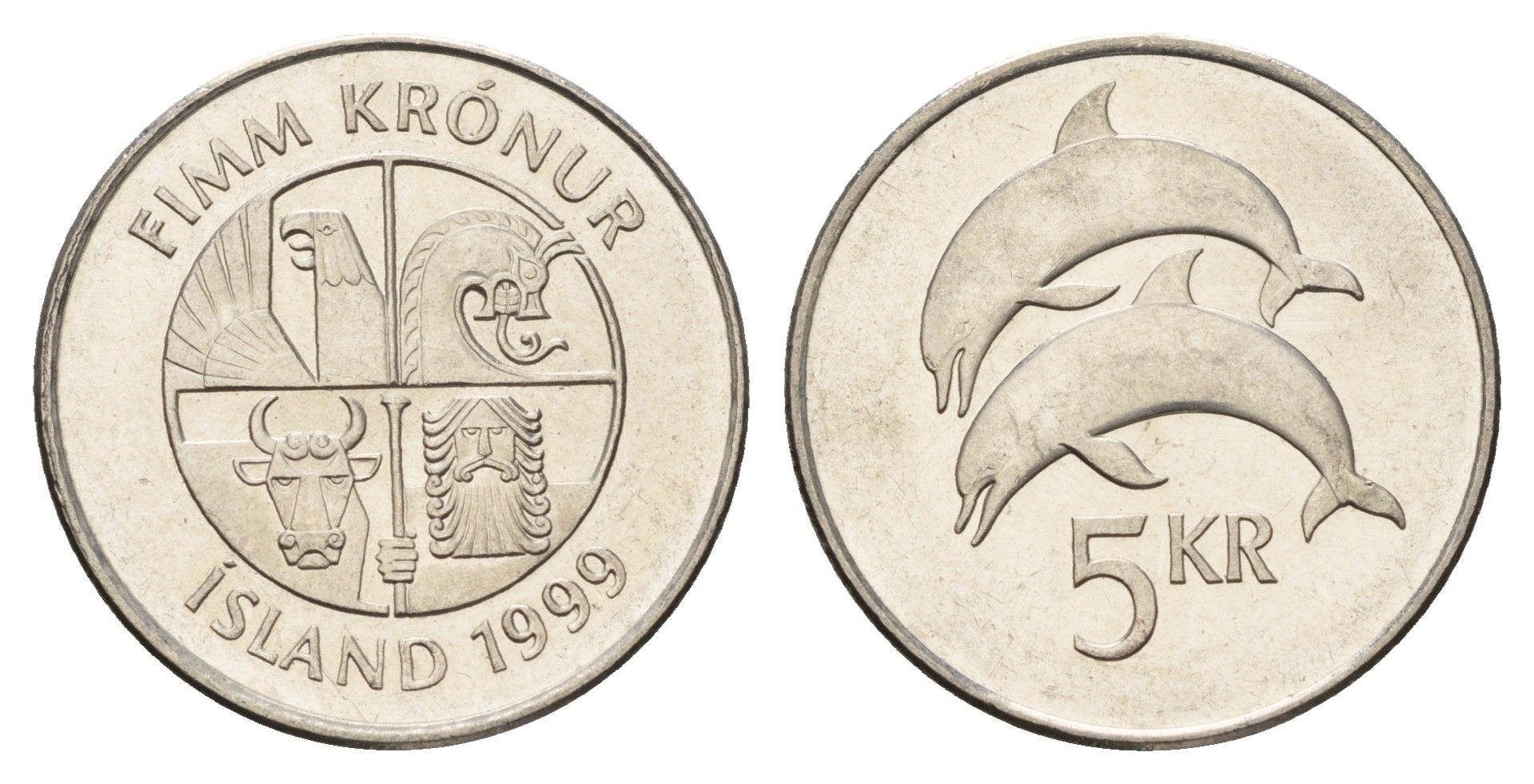 Исландия 5 крон 1999 дельфины KM 28a сталь плакированная никелем UNC 4691-421