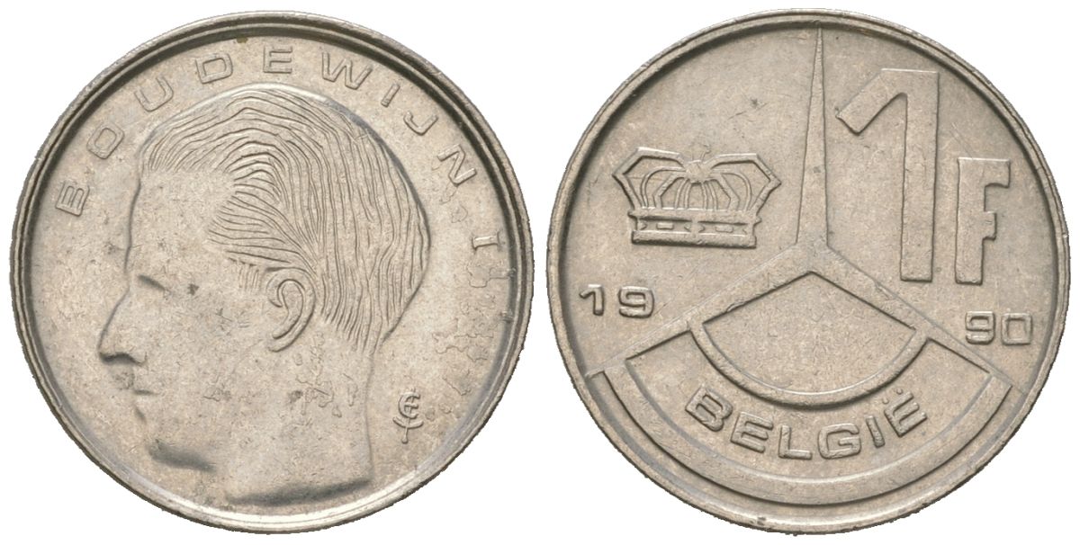 Бельгия 1 франк 1990 Belgie, Бодуэн I (1951-1993) KM 171 нержавеющая сталь aUNC 4618-414