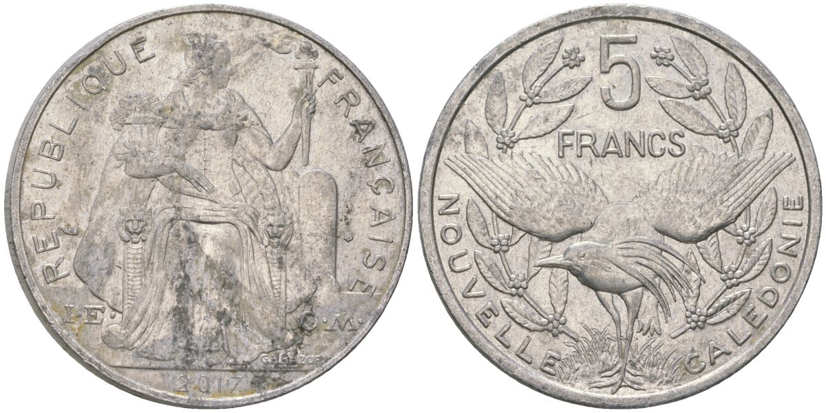Французская Новая Каледония 5 франков 2017 птица кагу, (IEOM) KM 16, Schoen 12, Lec 81k алюминий 4120-121