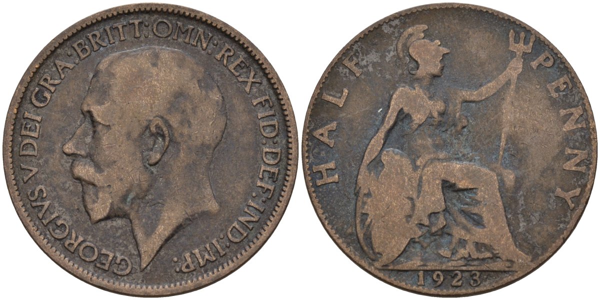 Великобритания 1/2 пенни 1923 Георг V (1910-1936) KM 809, Spink 4056 бронза 4146-144