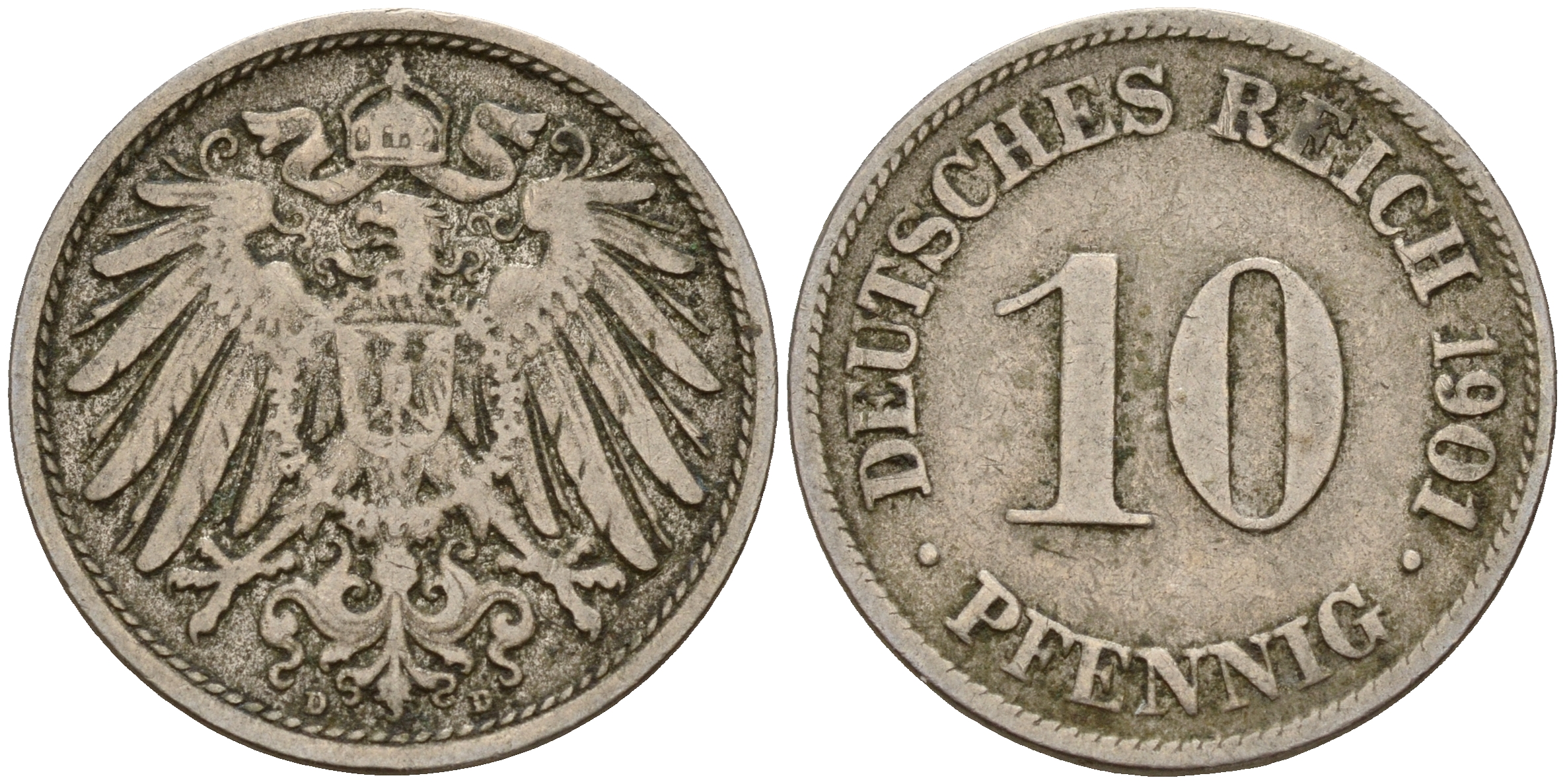 Германия 10 пфеннигов 1901 D J. 13,  KM 12 медно-никель    4603-614